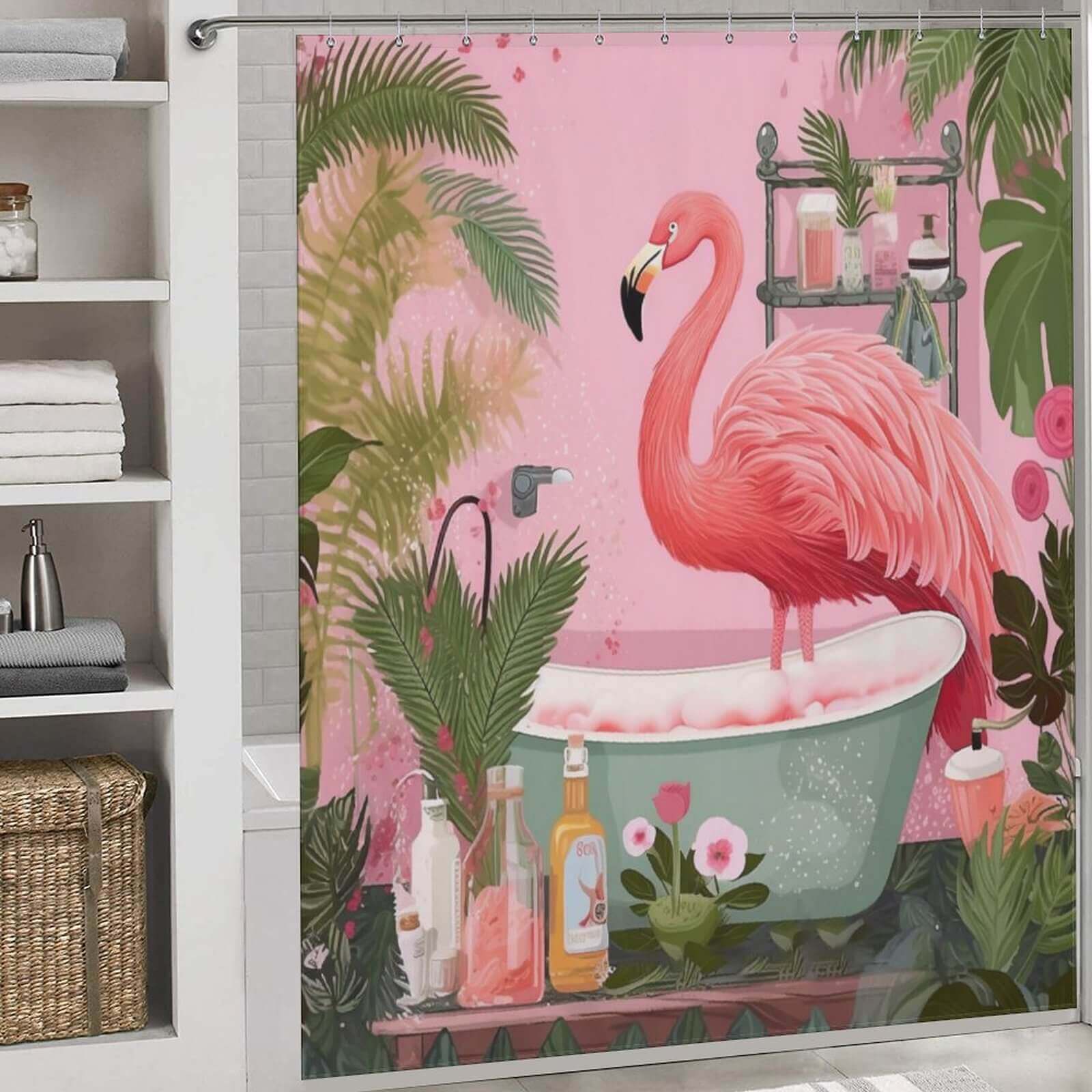 This Boho Tropical Flamingo Shower Curtain by Cotton Cat is the perfect addition to any bathroom.
