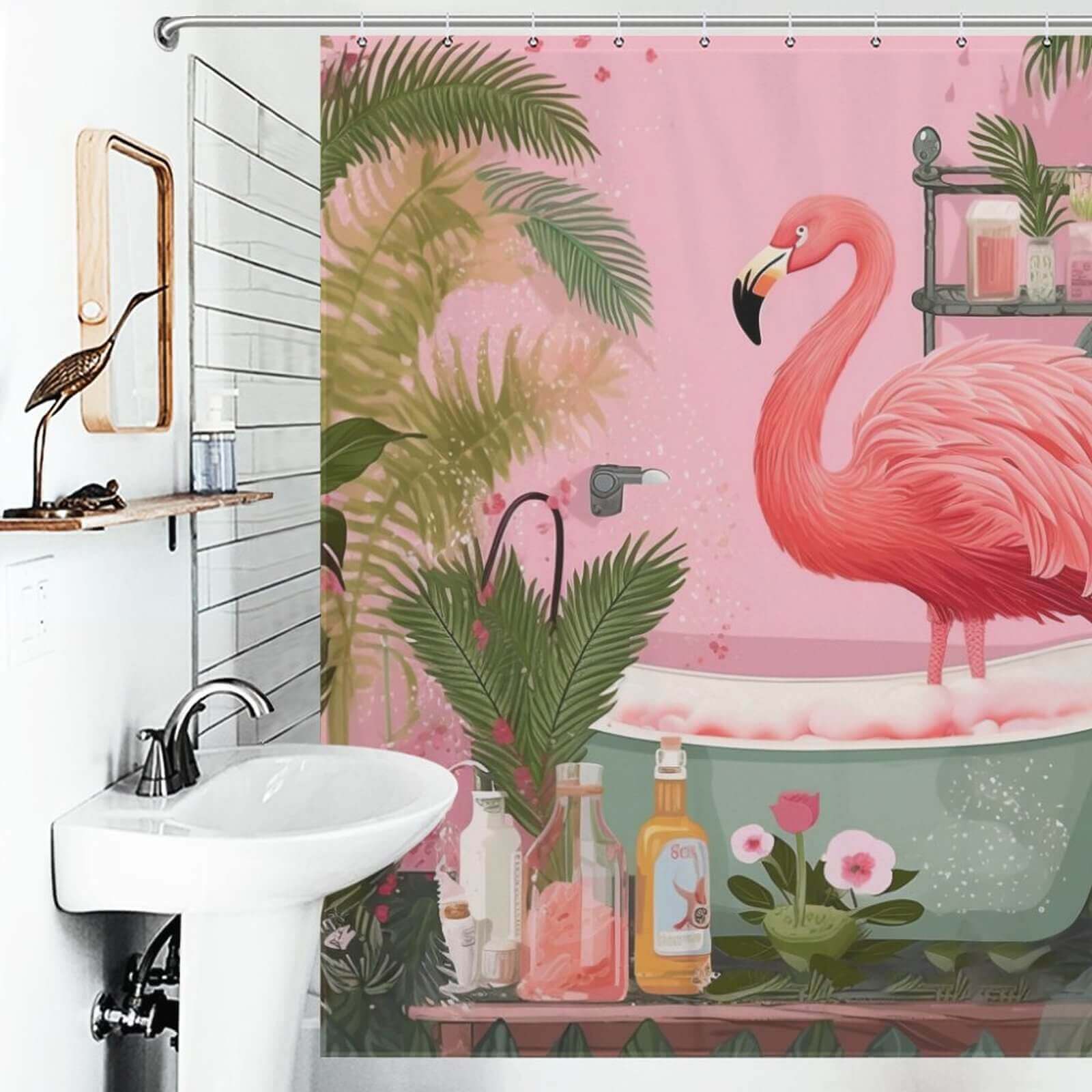 Boho Tropical Flamingo Shower Curtain-Cottoncat by Cotton Cat for your bathroom.