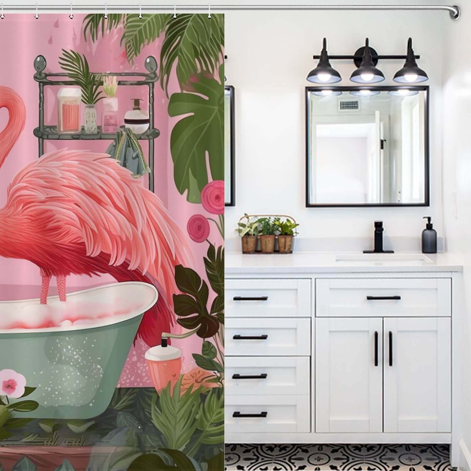 Boho Tropical Flamingo Shower Curtain by Cotton Cat, featuring a vibrant pink flamingo design, perfect for adding a pop of color to your bathroom.
