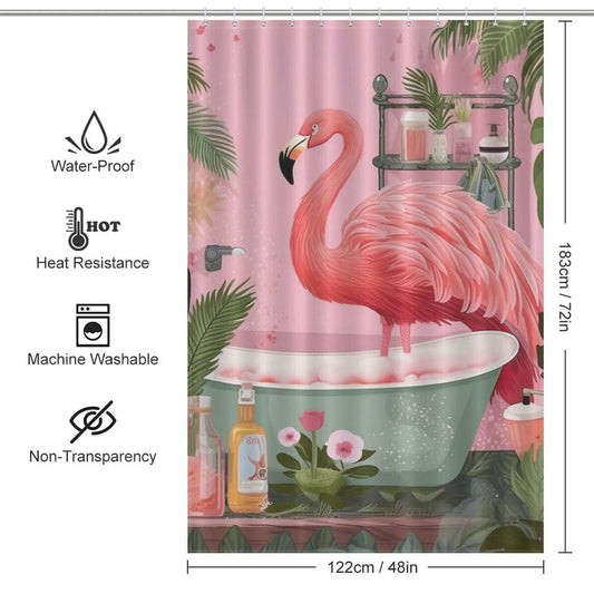 Boho Tropical Flamingo Shower Curtain by Cotton Cat, with pink flamingo design, is waterproof for the bathroom.