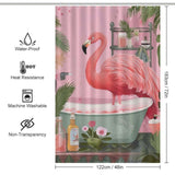 Boho Tropical Flamingo Shower Curtain by Cotton Cat, with pink flamingo design, is waterproof for the bathroom.