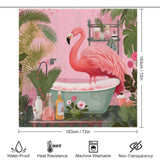 A Boho Tropical Flamingo Shower Curtain-Cottoncat in a waterproof bathtub with plants and flowers.