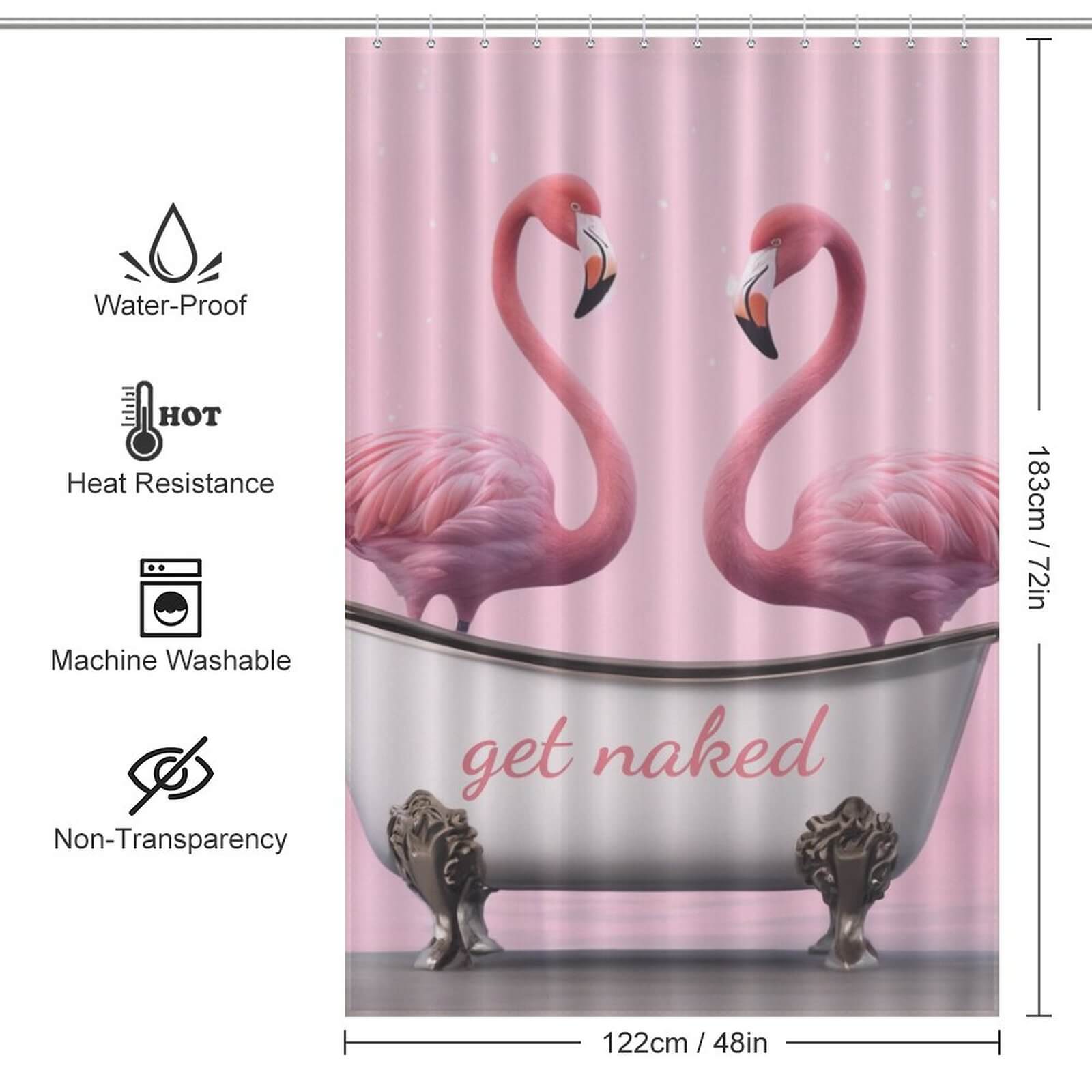 Two flamingos in a bathtub with a Get Naked Flamingo Shower Curtain-Cottoncat by Cotton Cat.