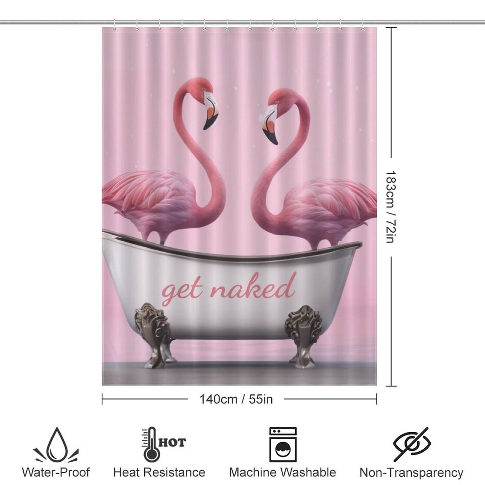 Two polyester Get Naked Flamingos in a waterproof Cotton Cat bathtub with measurements.