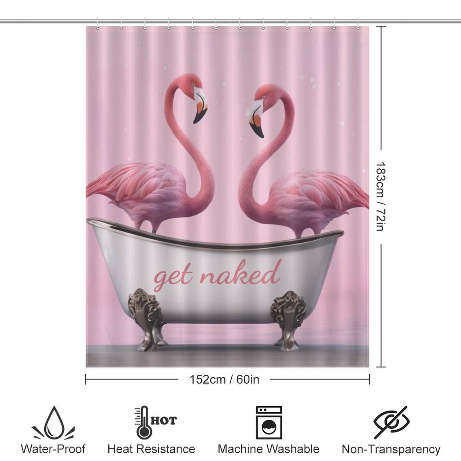 Two waterproof Get Naked Flamingos in a polyester bathtub with the words get naked by Cotton Cat.