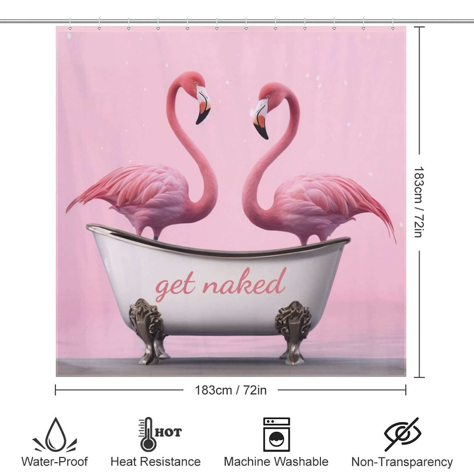 Two Get Naked Flamingo Shower Curtains by Cotton Cat in a polyester bathtub.