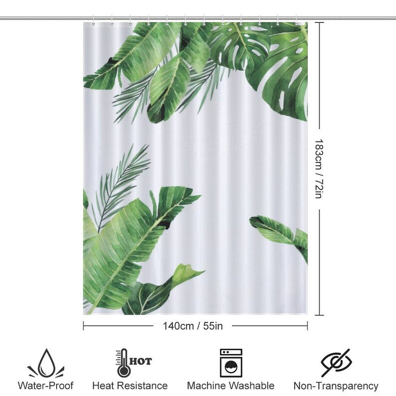 Green Palm Leaves Shower Curtain, Bathroom Waterproof Curtain, Abstract Boho Shower Curtain with Hooks, Home Decoration