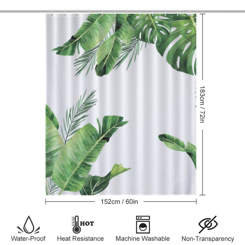 Green Palm Leaves Shower Curtain, Bathroom Waterproof Curtain, Abstract Boho Shower Curtain with Hooks, Home Decoration
