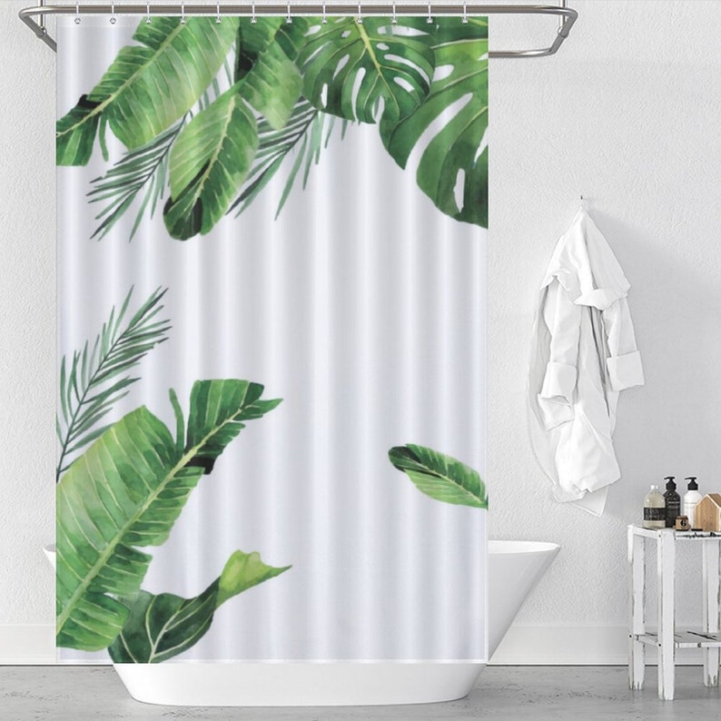 Green Palm Leaves Shower Curtain, Bathroom Waterproof Curtain, Abstract Boho Shower Curtain with Hooks, Home Decoration