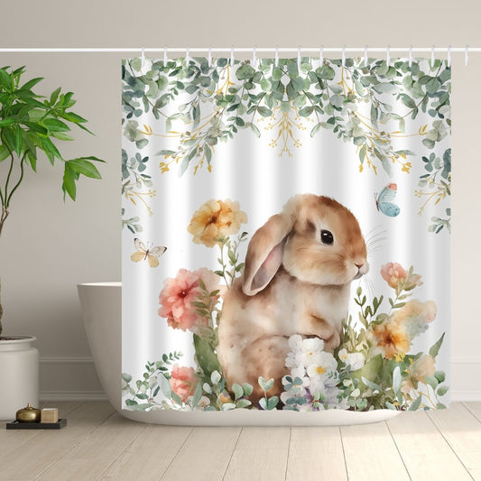 Spring Shower Curtain, Easter Bunny Shower Curtain, Watercolor Rabbit Curtain with Hooks, Shower curtain for Bathroom, Room Decoration