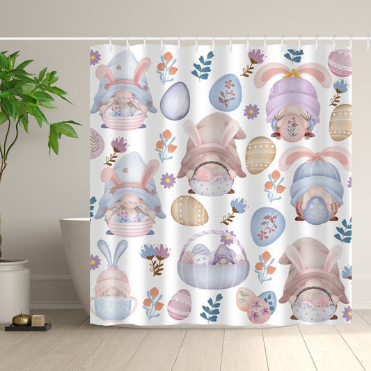 Easter Gnomes Shower Curtain, Egg Shower Curtain, Watercolor Bunny Curtain with Hooks, Shower curtain for Bathroom, Room Decoration