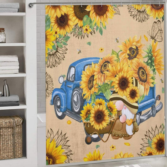 Sunflower Shower Curtain, Spring Gnome Waterproof Curtain with Hooks, Floral Bathroom Waterproof Curtain, Home Decoration Gifts