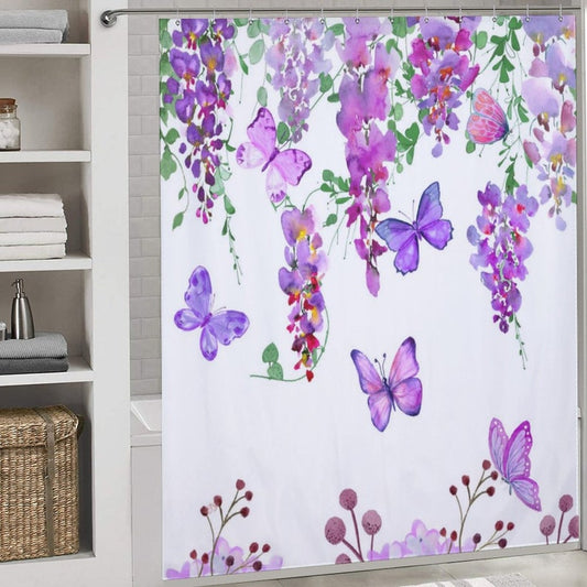 Purple Butterfly Shower Curtain, Spring Flower Bathroom Waterproof Curtain with Hooks, Rustic Shower Curtain, Home Decoration Gifts