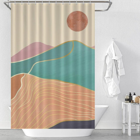 Mid-Century Sunset Shower Curtain, Abstract Boho Waterproof Curtain with Hooks, Bathroom Decoration, Home Decoration Gifts