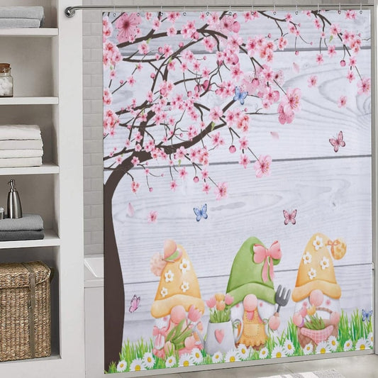 Rideau de douche Gnome, Rideau imperméable à motif d'arbre fleuri avec planche de bois, Rideau de douche à motif de papillon printanier avec crochets, Décoration d'intérieur 