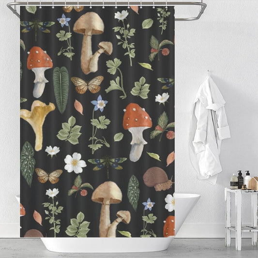 Mushroom Shower Curtain, Botanical Plant Flower Waterproof Curtain With Hooks, Green Bohemian Decor Bath Curtain, Home Decoration Gifts