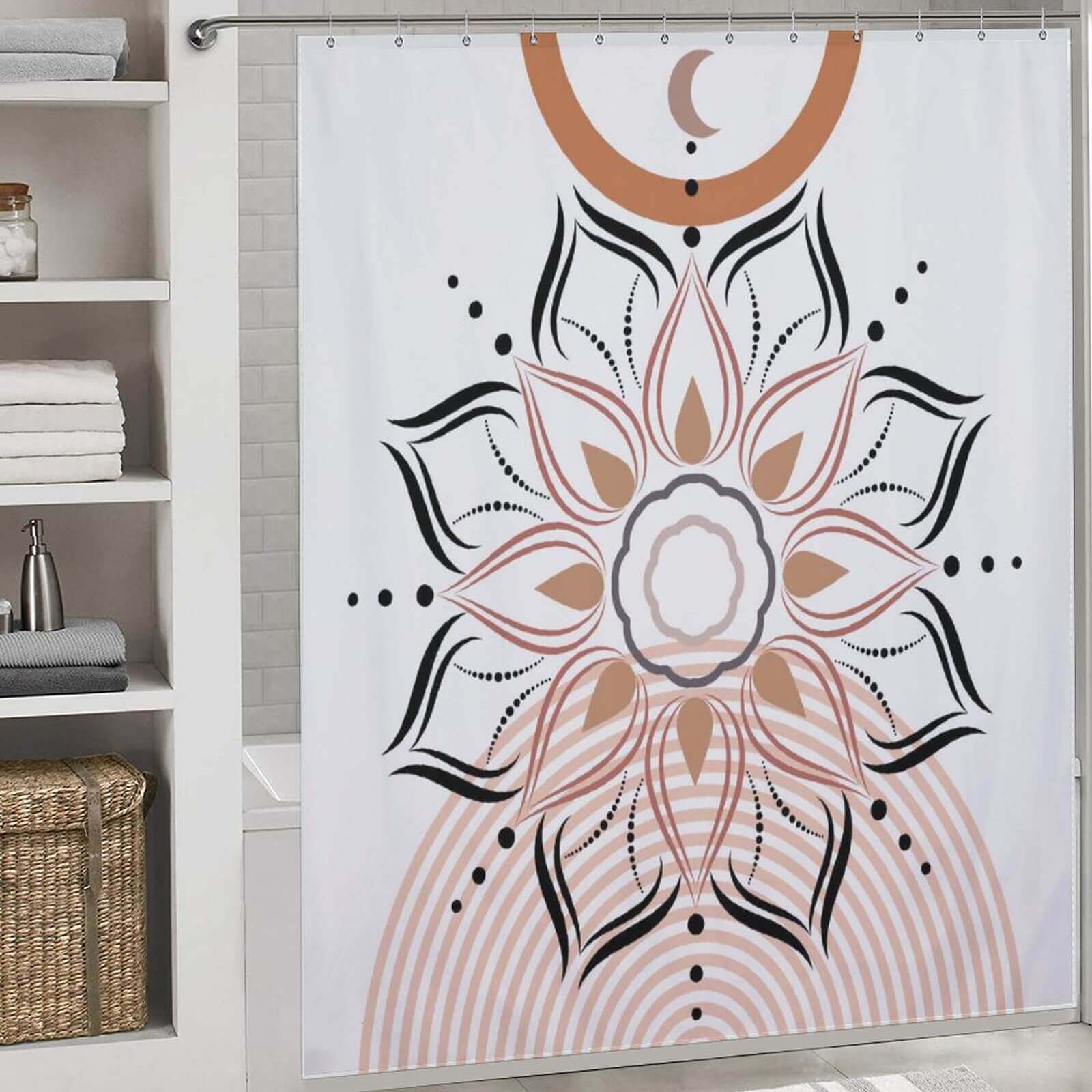 A bathroom with a Cotton Cat shower curtain adorned with an abstract design, adding a touch of Boho Mandala-inspired bathroom decor.