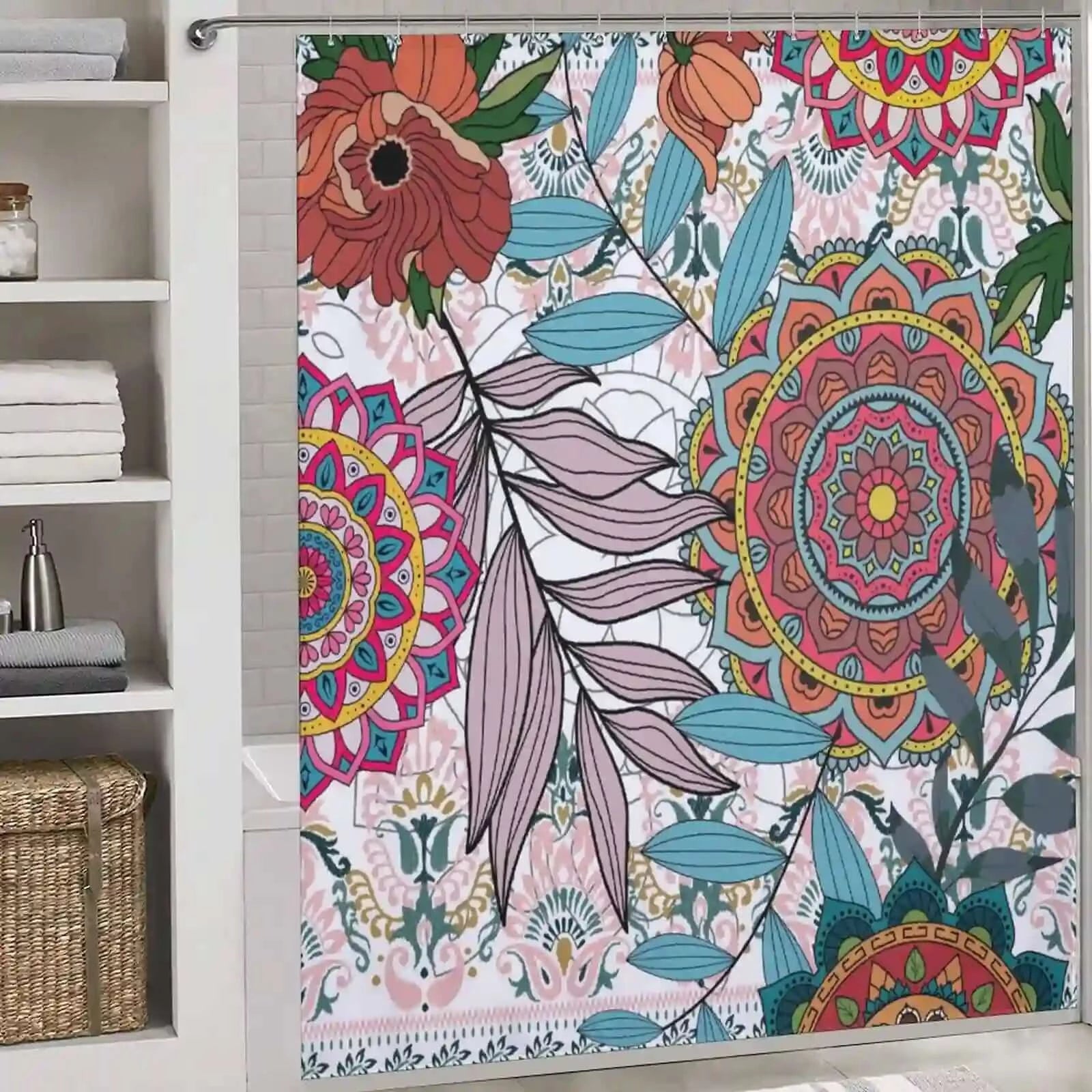 A bathroom with a colorful and waterproof Bohemian Mandala shower curtain from Cotton Cat, giving off a boho style vibe.