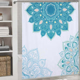 A beautiful bathroom adorned with a mesmerizing Blue Mandala Shower Curtain-Cotton Cat, designed to be both stylish and waterproof.