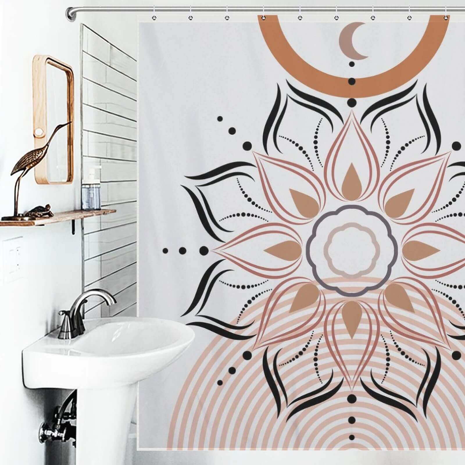 A bathroom with a Boho Mandala Shower Curtain-Cottoncat featuring an mandala design.
