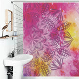 A bathroom with a colorful Cotton Cat Mandala shower curtain.