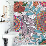 A bathroom with a colorful Bohemian Mandala Shower Curtain from Cotton Cat.