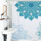 A waterproof bathroom with a Blue Mandala shower curtain in blue and white from Cotton Cat.