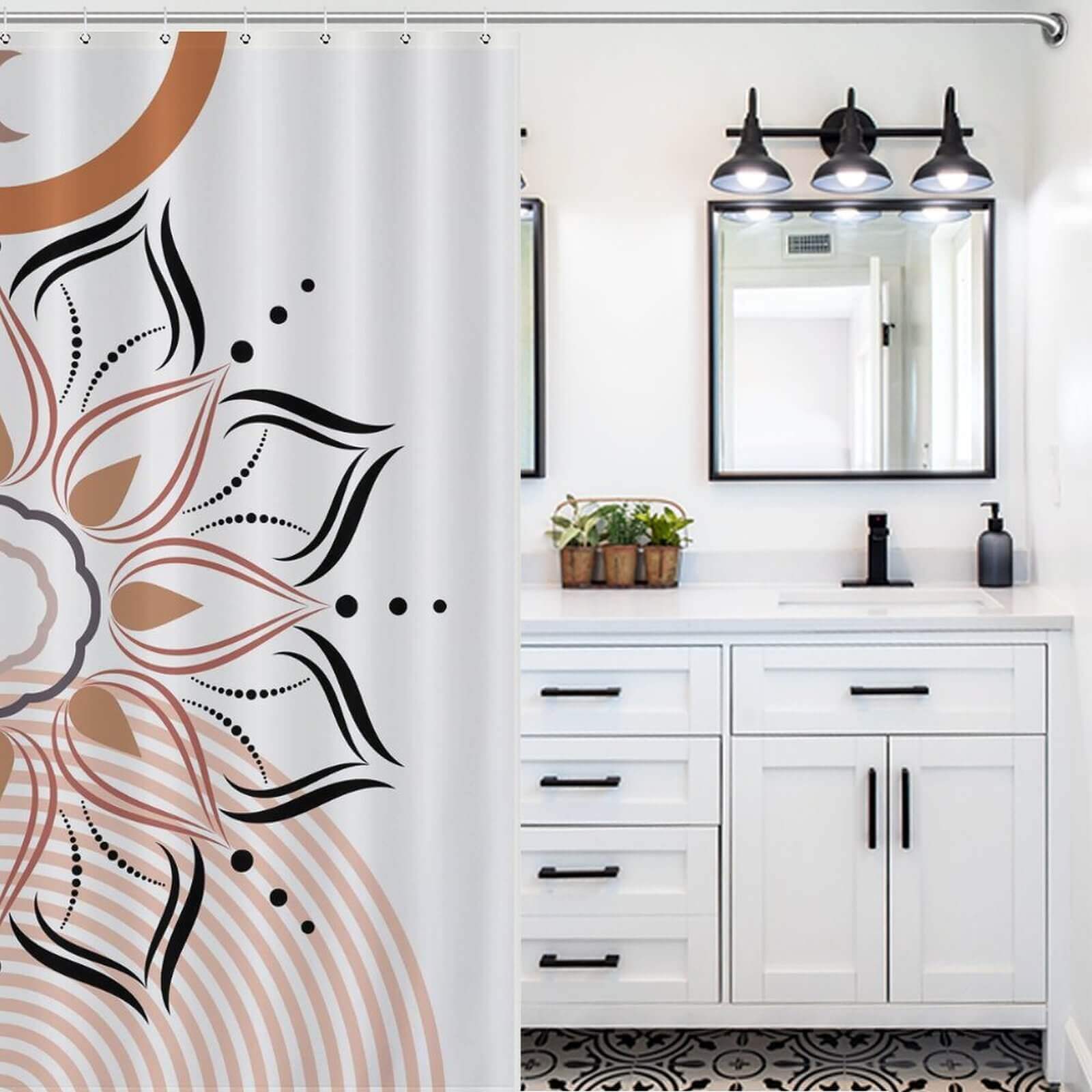 Enhance the ambiance of your bathroom with a stunning Boho Mandala shower curtain from CottonCat in vibrant shades of orange and black.