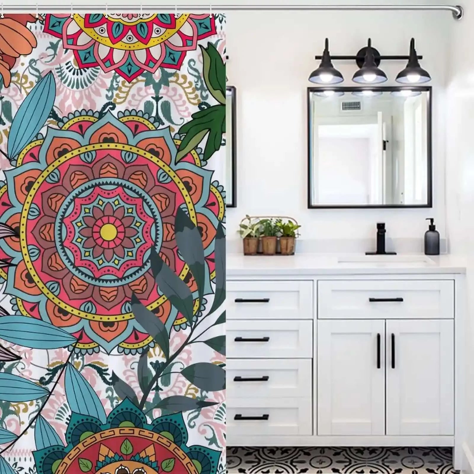 A bathroom with a waterproof and colorful Cotton Cat Bohemian Mandala shower curtain, adding a touch of Boho style.