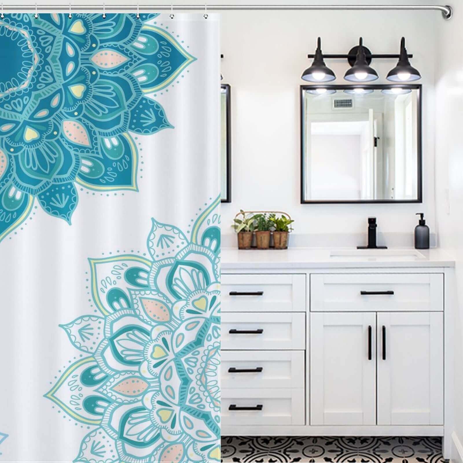 A waterproof bathroom with a Blue Mandala Shower Curtain-Cotton Cat.