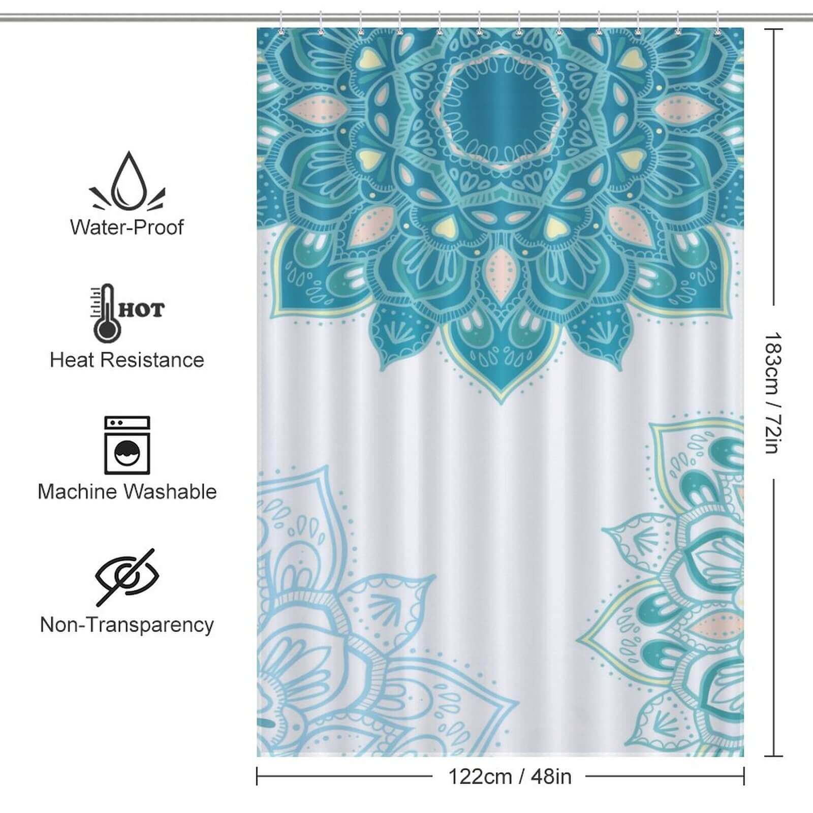 A waterproof Blue Mandala Shower Curtain adorned with a Paisley Mandala design in blue and white by Cotton Cat.