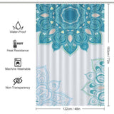 A waterproof Blue Mandala Shower Curtain adorned with a Paisley Mandala design in blue and white by Cotton Cat.