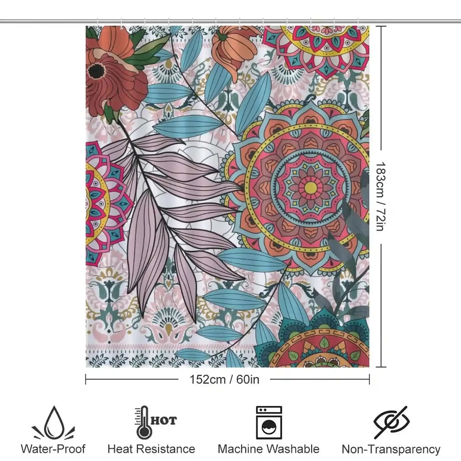 A waterproof Bohemian Mandala Shower Curtain-Cottoncat with a boho-style floral pattern by Cotton Cat.