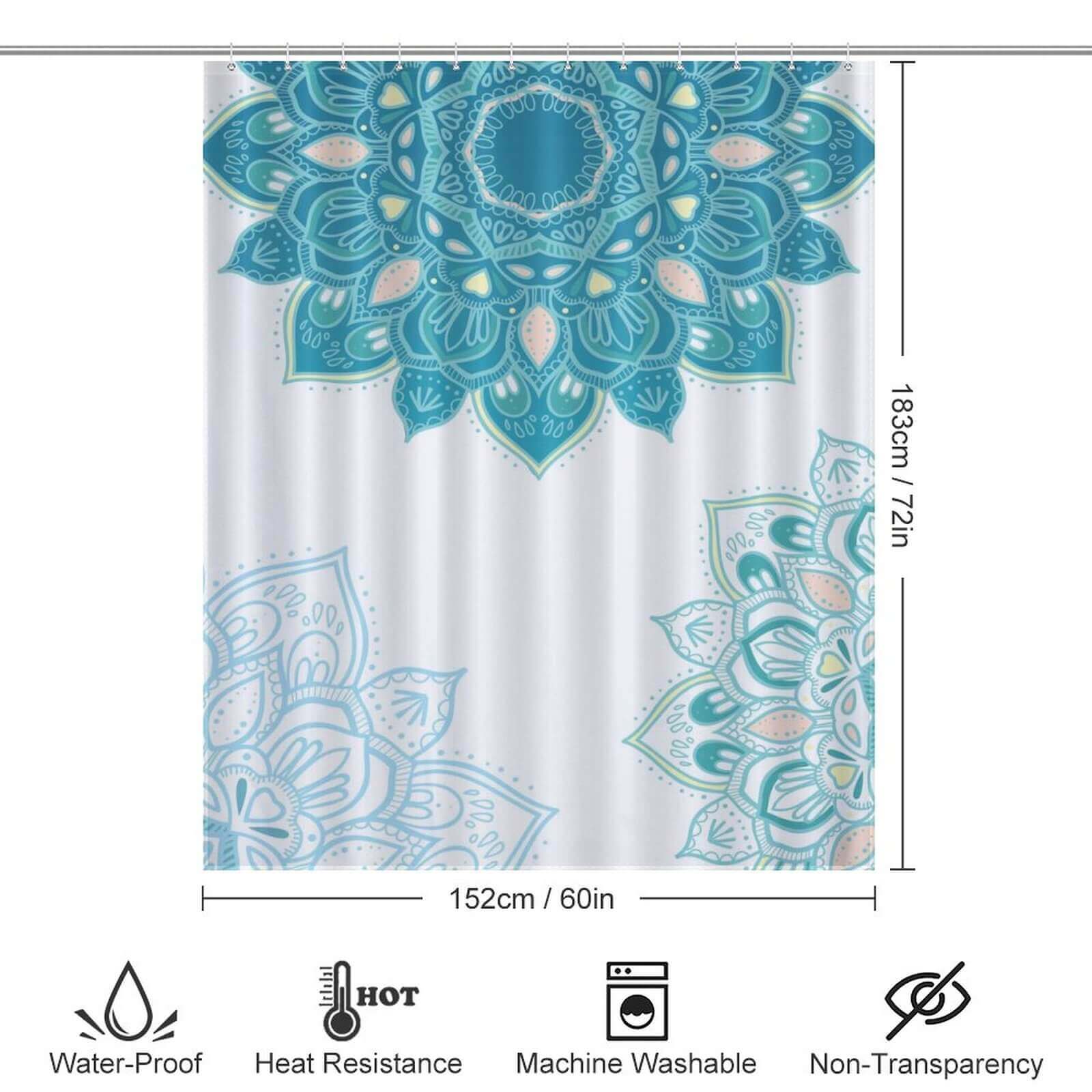 A waterproof Cotton Cat shower curtain with a Blue Mandala design.