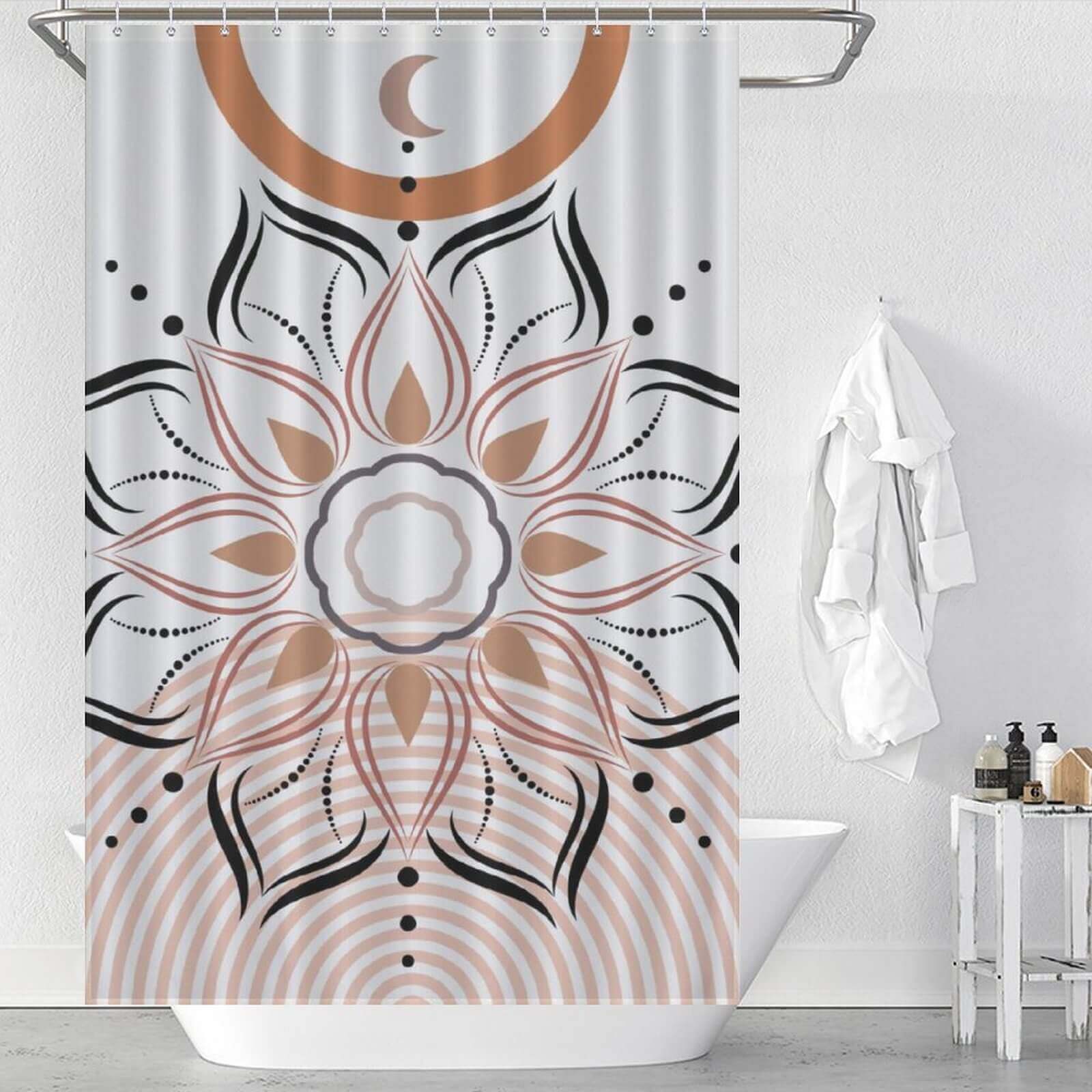 A Cotton Cat shower curtain with a Boho Mandala design, perfect for bathroom decor.