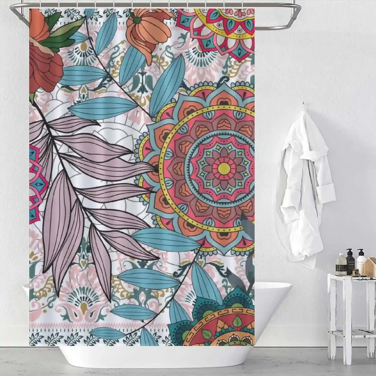 A colorful Bohemian Mandala shower curtain with flowers and leaves on it by Cotton Cat.