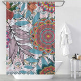 A colorful Bohemian Mandala shower curtain with flowers and leaves on it by Cotton Cat.