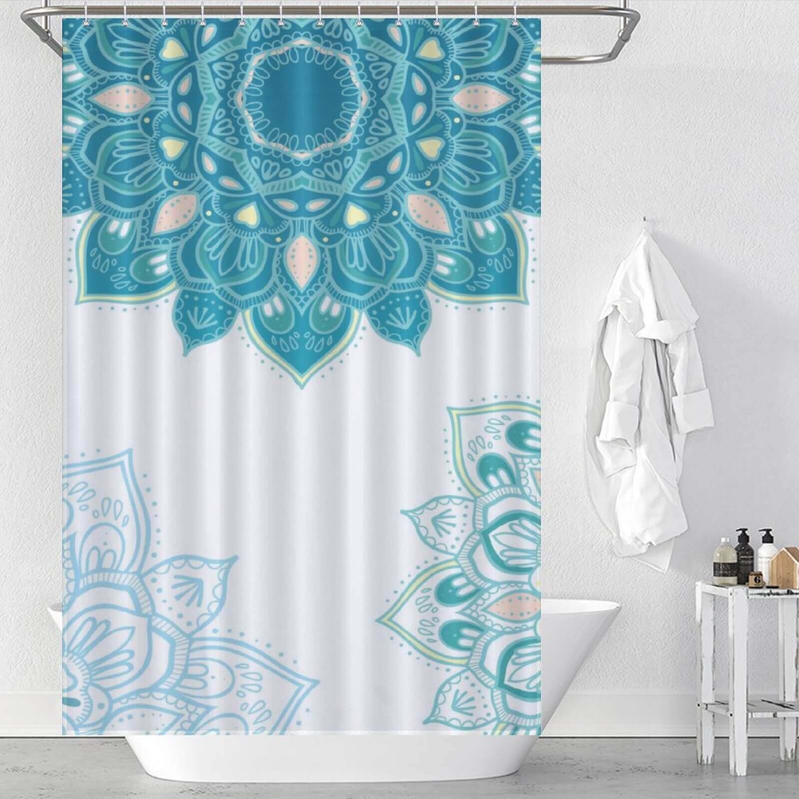 A Blue Mandala Shower Curtain-Cotton Cat with a paisley mandala design.