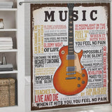 A vintage style Cotton Cat shower curtain featuring a guitar, perfect for adding Music Inspires Me charm to your bathroom décor.