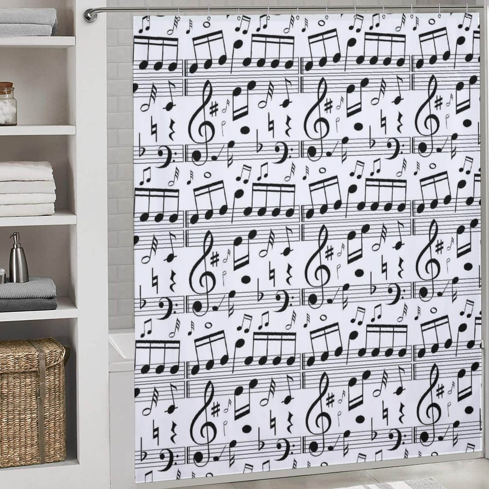 Cotton Cat Music Notes Shower Curtain, perfect for music lovers and bathroom decor.