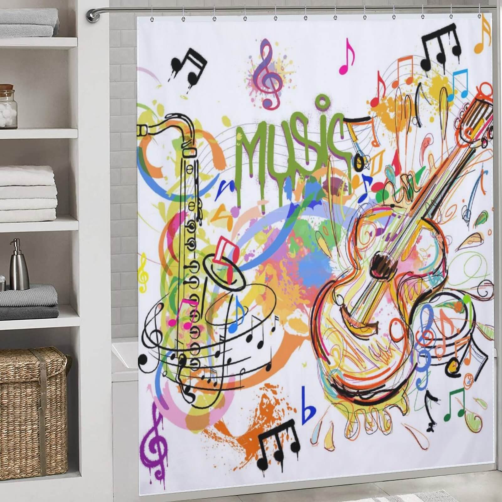 This Graffiti Music Shower Curtain-Cottoncat features graffiti-inspired music notes.