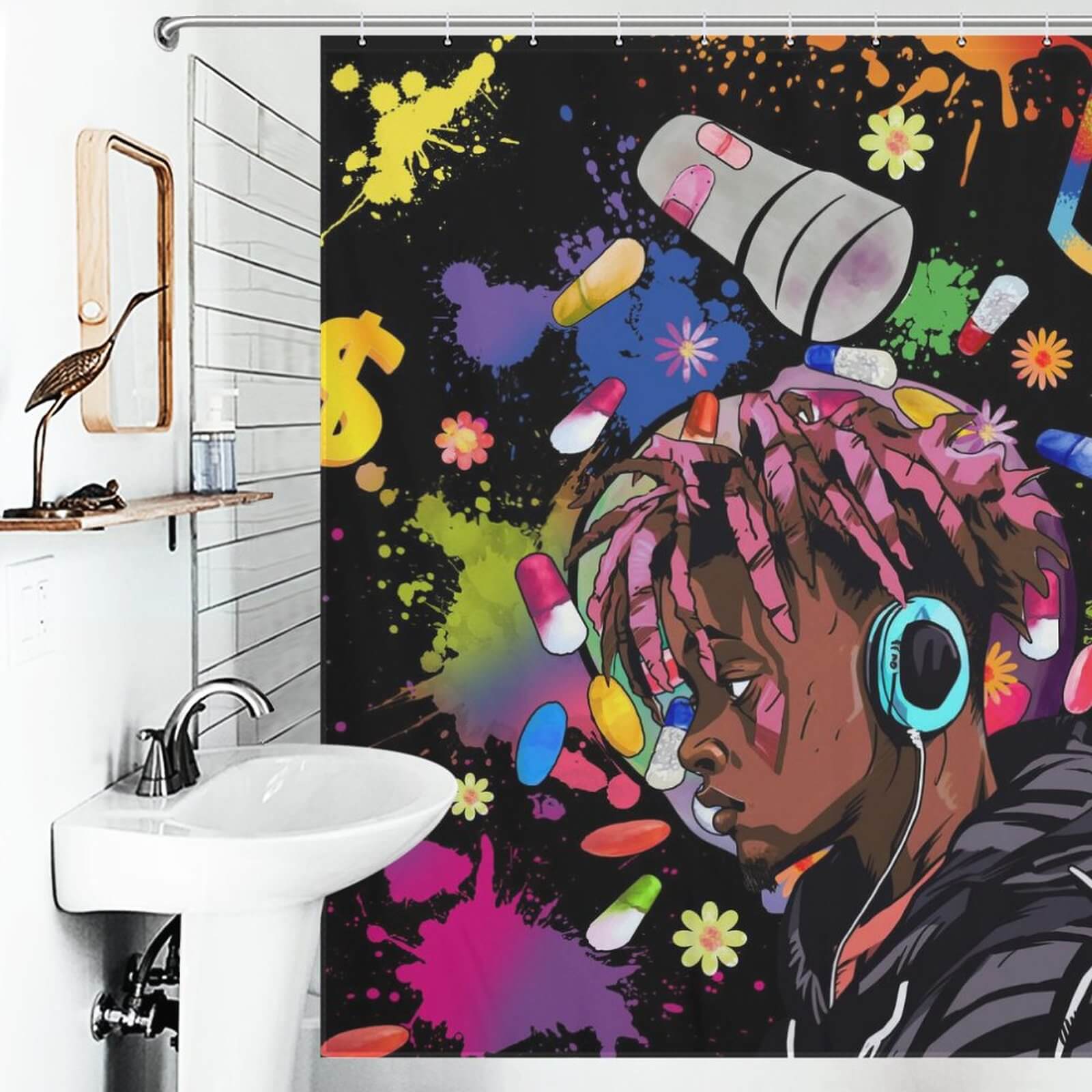 A bathroom with a vibrant Rapper Music Shower Curtain-Cottoncat, perfect for unique bathroom decor from Cotton Cat.