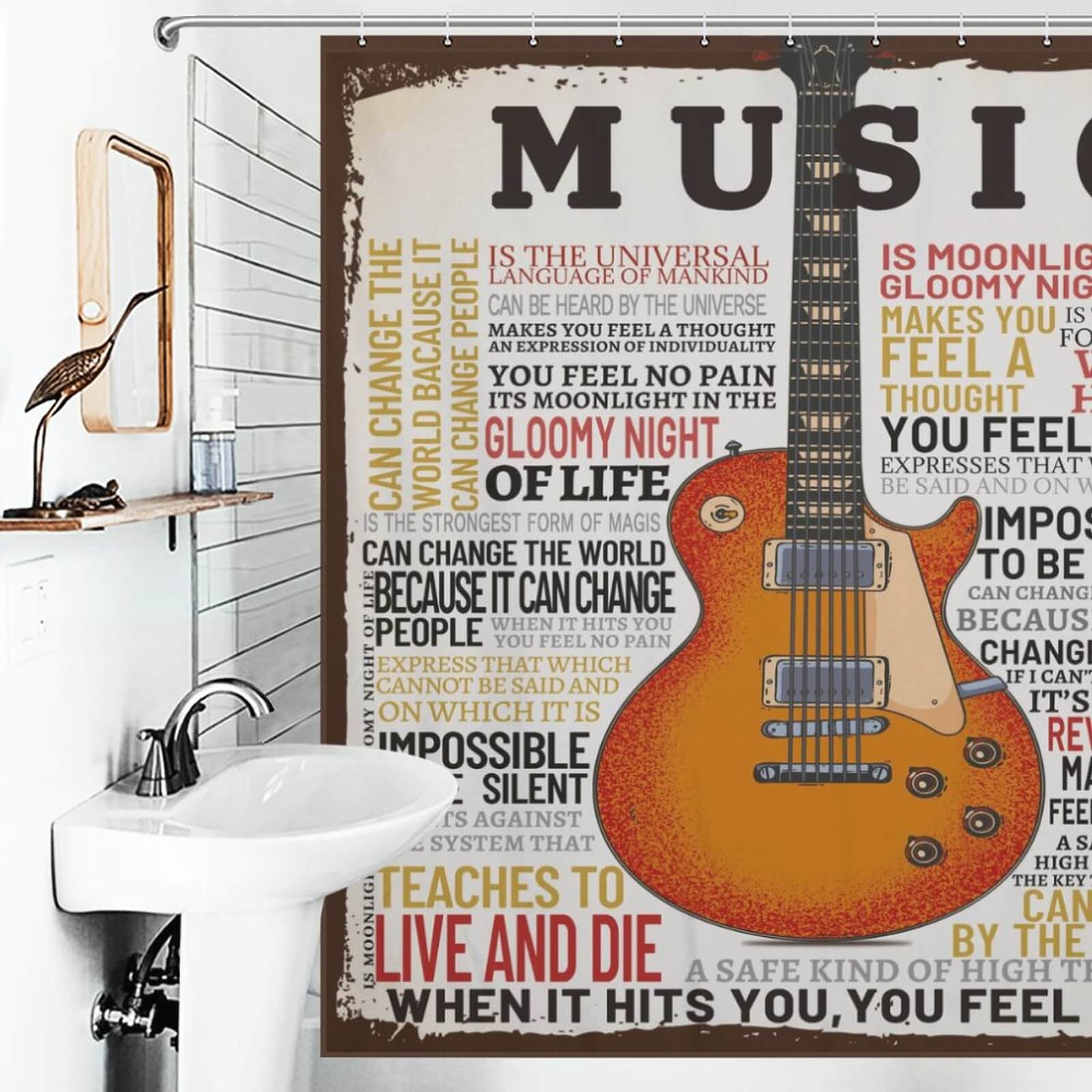 Elevate your bathroom decor with the Music Inspires Me Shower Curtain by Cotton Cat. Featuring a bold guitar design, this unique curtain adds a touch of musical inspiration to your daily routine. Transforming your bathroom into a stylish and melodic sanctuary.