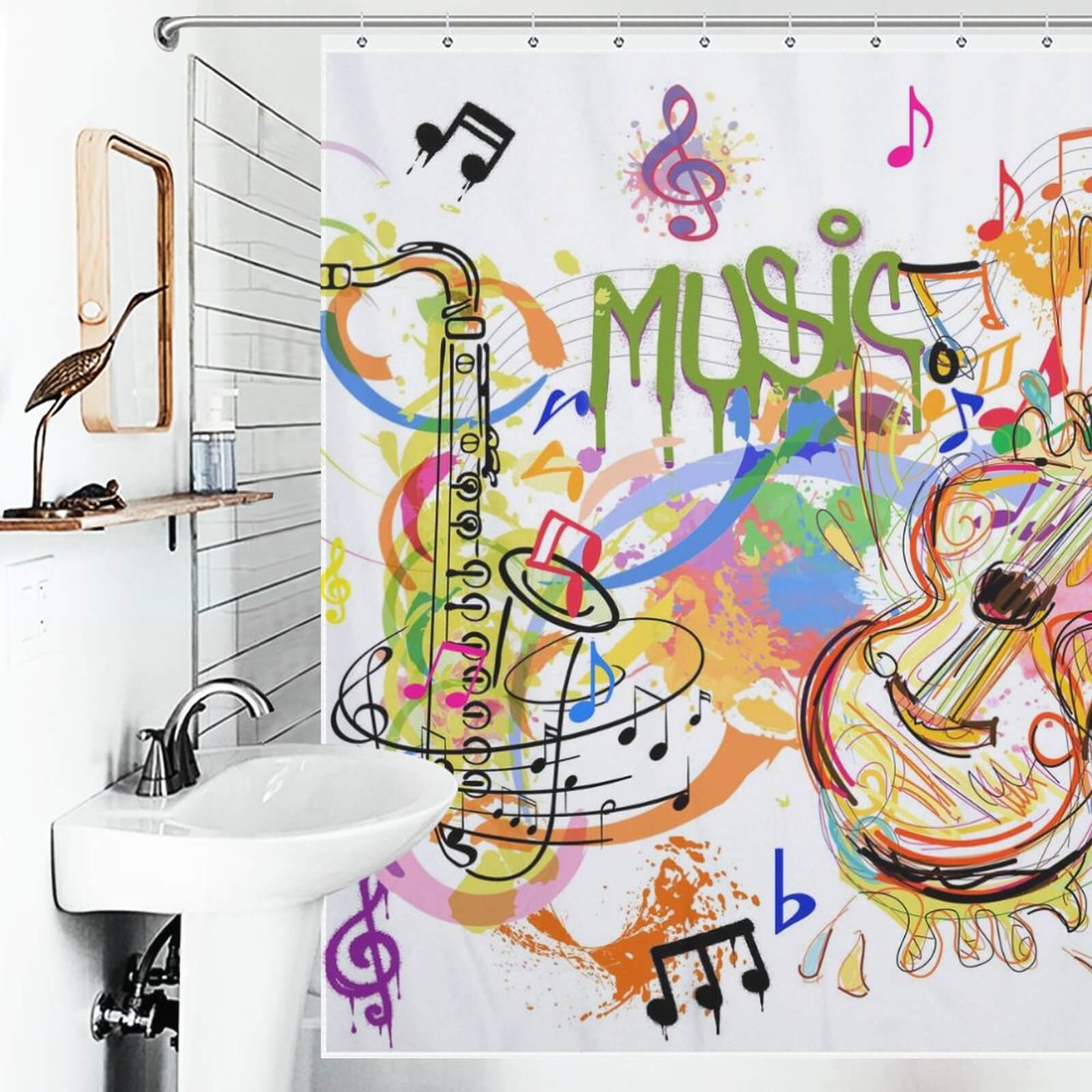Discover the perfect Graffiti Music Shower Curtain-Cottoncat featuring unique graffiti-inspired music notes and instruments, including a stunning guitar design by Cotton Cat.