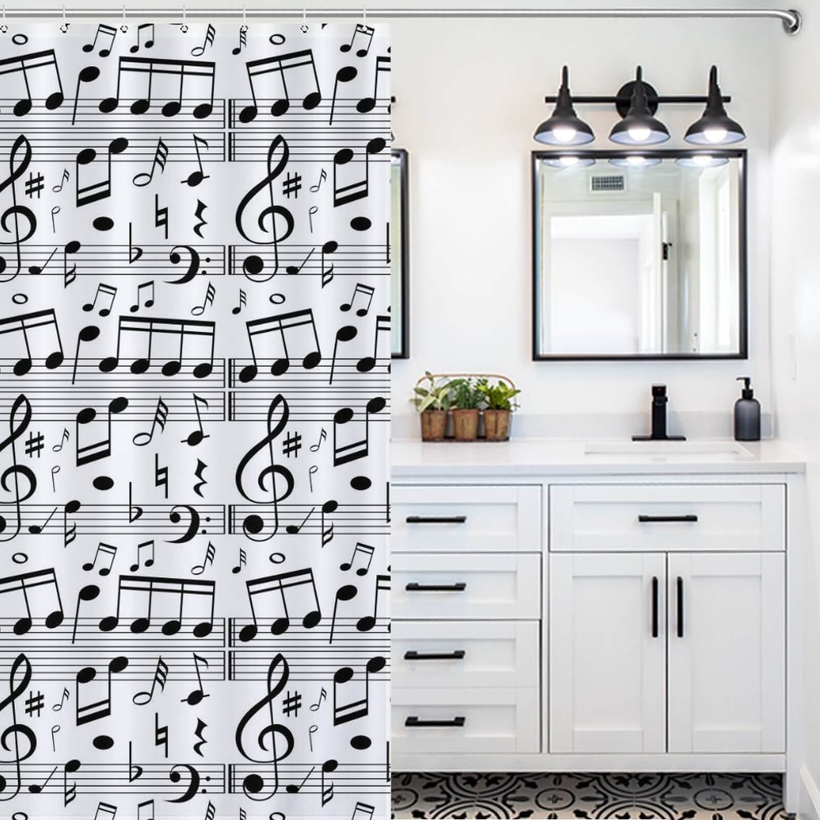 Transform your bathroom decor with a vibrant Cotton Cat shower curtain adorned in beautiful music notes.