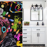Cotton Cat's Rapper Music Shower Curtain, inspired by Juice Wrld, is featured in the vibrant bathroom decor.