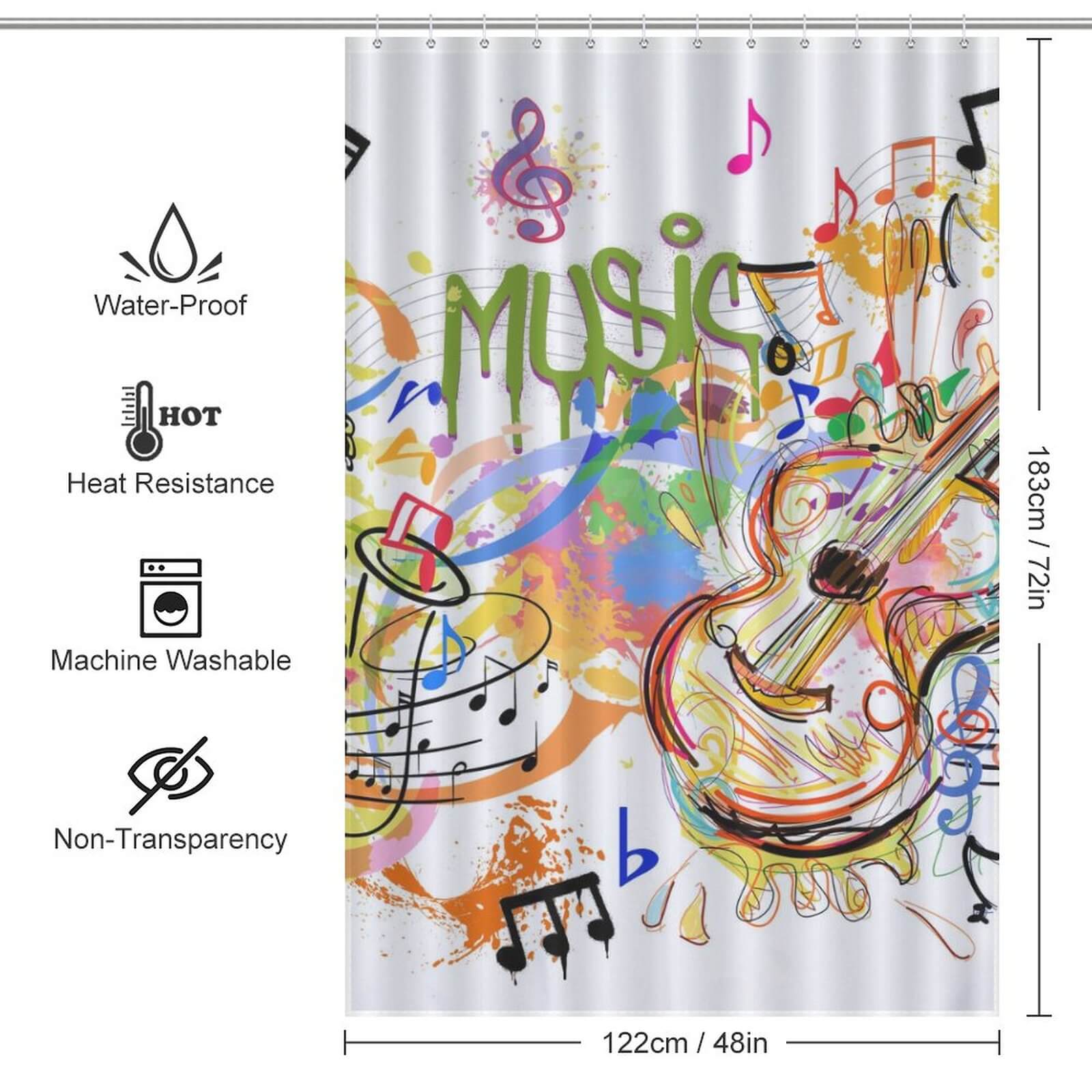 A colorful Cotton Cat shower curtain with graffiti-inspired music notes and guitar design: Graffiti Music Shower Curtain-Cottoncat.