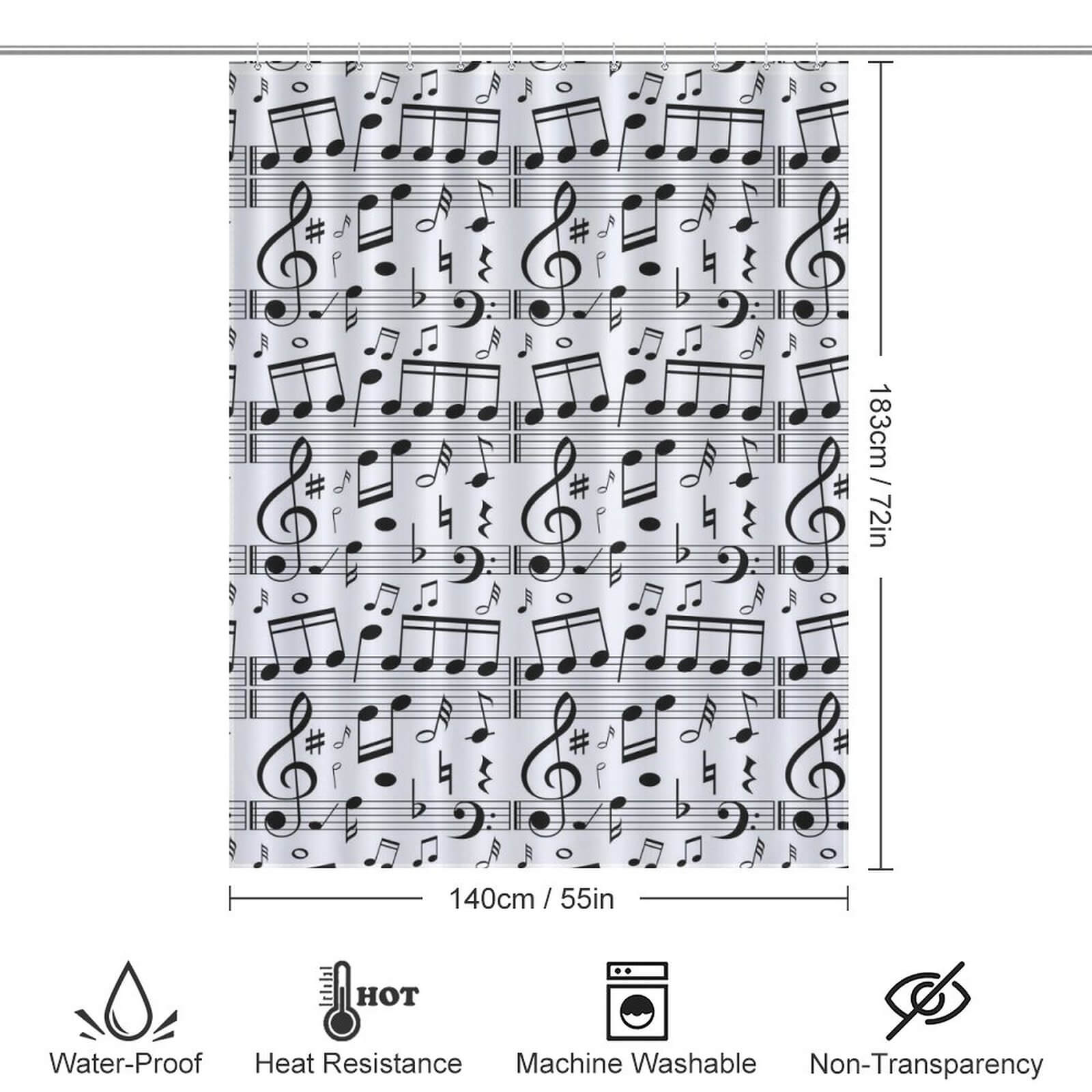 A black and white Music Notes Shower Curtain-Cottoncat, perfect for adding a touch of musical elegance to your bathroom decor, adorned with music notes.