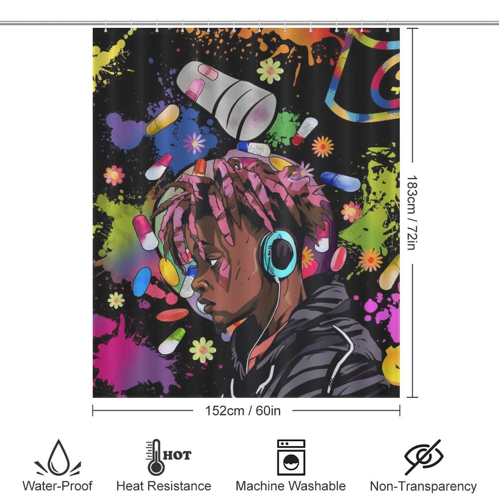 Elevate your bathroom decor with the Rapper Music Shower Curtain-Cottoncat by Cotton Cat, featuring an artistic display of splatters surrounding a girl's head, inspired by the iconic style of Juice Wrld. Transform your daily showers into a stylish and unique experience.