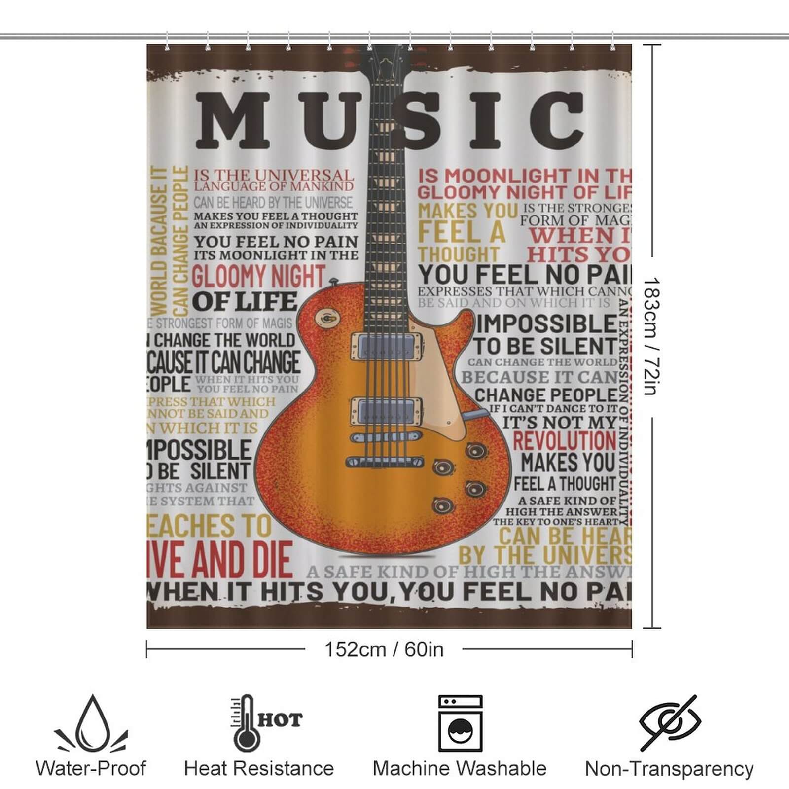 A Music Inspires Me Shower Curtain by Cotton Cat, decorated with a guitar, perfect for adding music-themed charm to your bathroom decor.